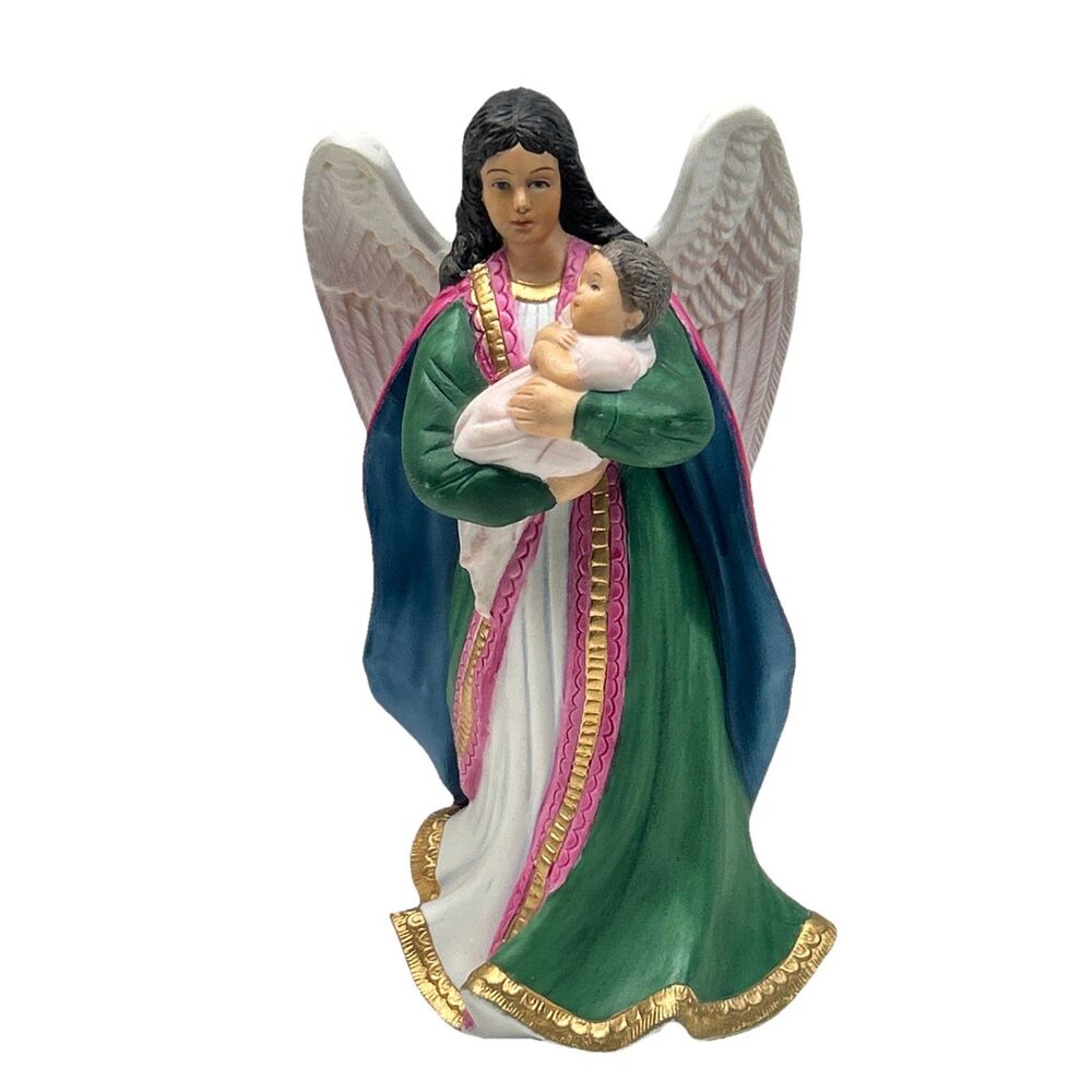 Homco Angel Figurine in Green, White, Pink, Gold